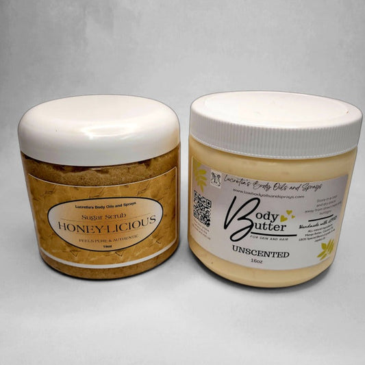 THE  'BEFORE WE PLAY' BUNDLE is just that! It is a MUST HAVE in everyone's self care lineup. Our very own Honey-Licious sugar scrub is receiving raving reviews from both men and women. It has the soft notes of real organic Oatmeal, Milk & Honey and end notes of vanilla. It will leave your skin soft and polished without the harsh chemicals. We guarantee that after using our body scrubs that you will not have to layer with any other moisturizer. But in case you do want that extra moisture, we include in this 